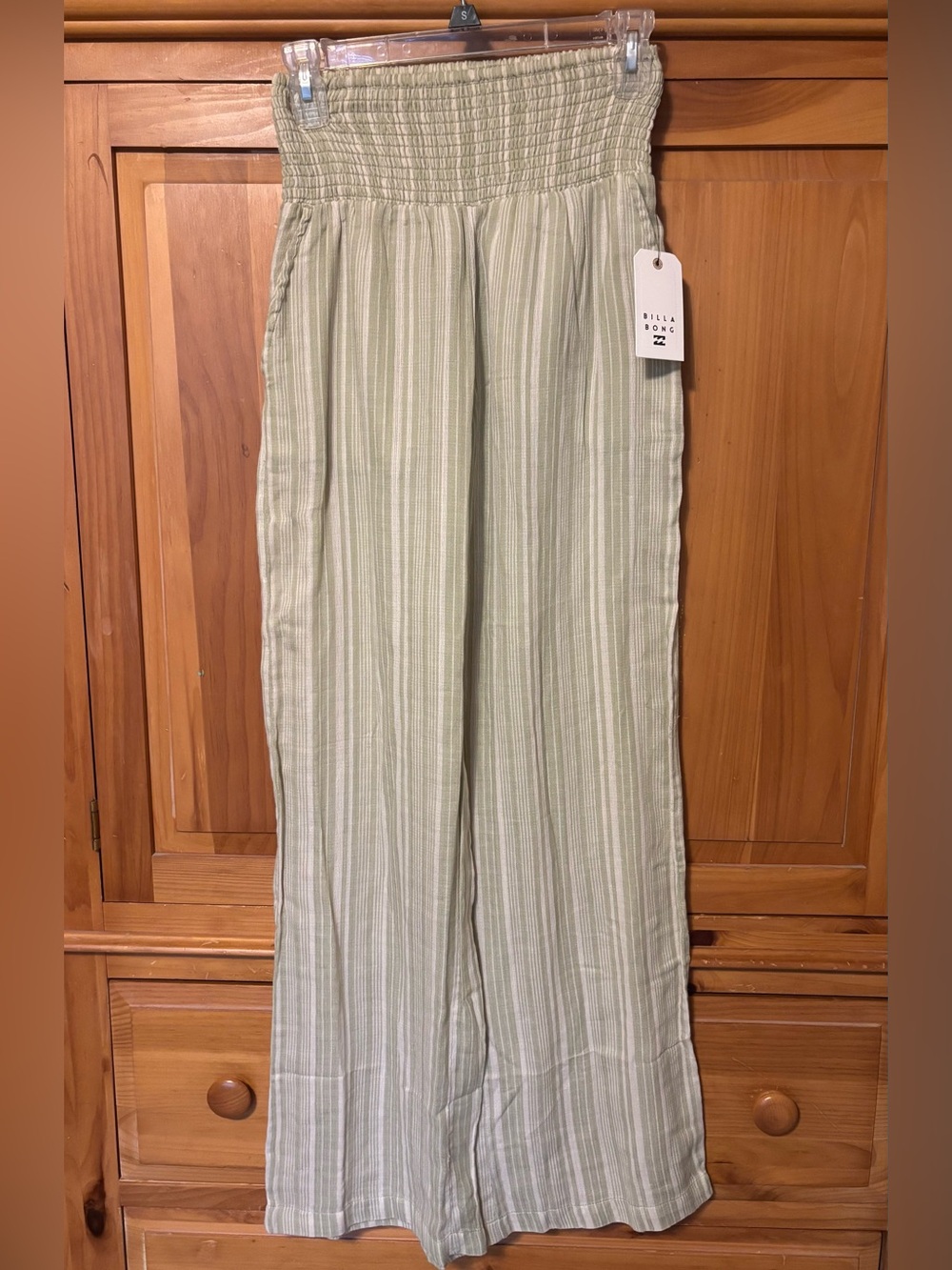 Billabong Sage Green Striped Smocked-Waist Wide Leg Pants